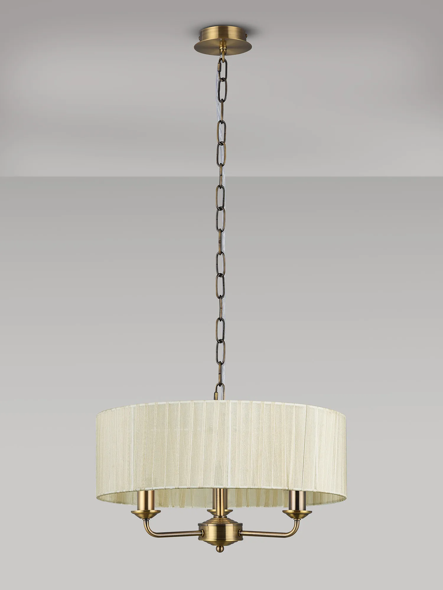 Banyan 3 Light Multi Arm Pendant With 45cm x 15cm Organza Shade Antique Brass/Cream DK0865  Deco Banyan AB CR